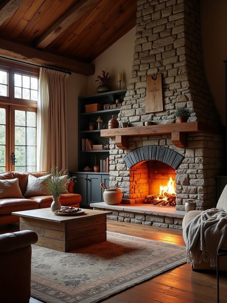 A cozy craftsman living room with a stone fireplace