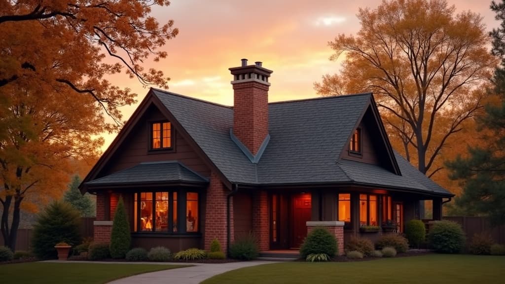 A brick chimney on a craftsman home at sunrise