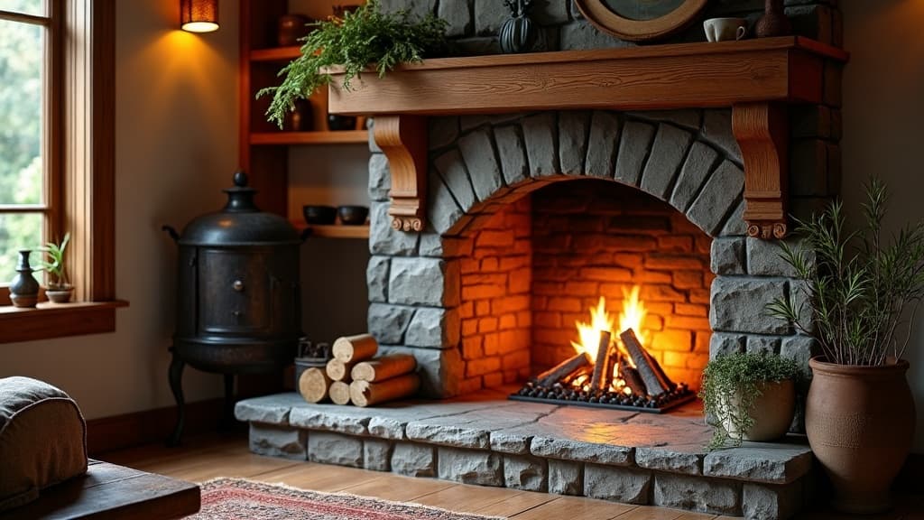 An elegant fireplace with a carved mantel and burning fire