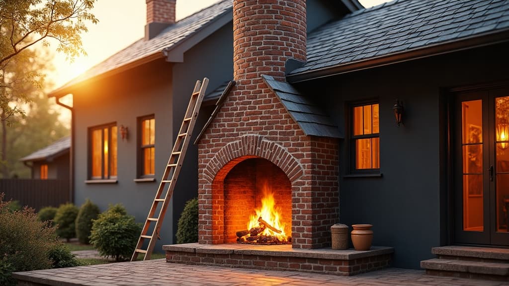 A newly rebuilt brick chimney at golden hour